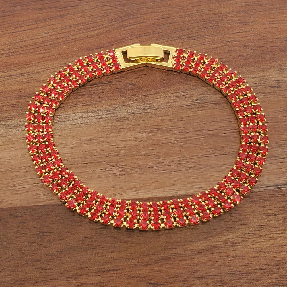 14K Gold 7" Womens 3 Row 2ct Red Ruby Gemstone Tennis Bracelet Ladies Jewelry